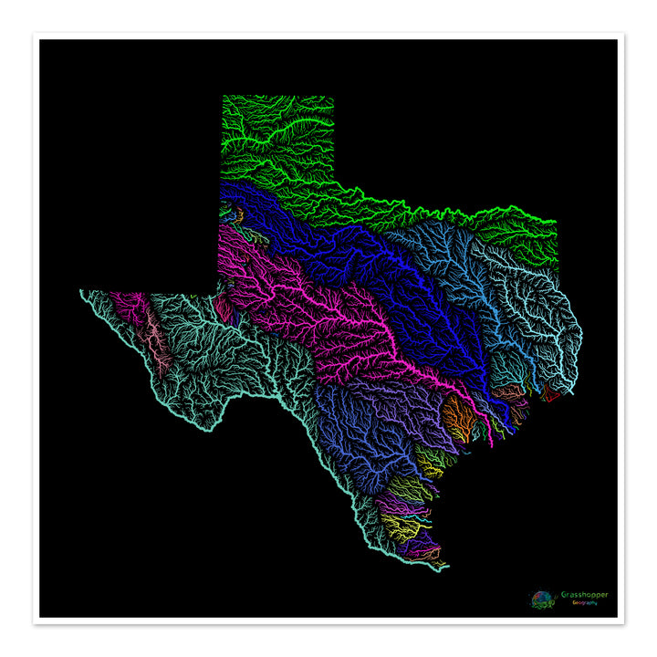 River basin map of Texas, rainbow colours on black - Fine Art Print