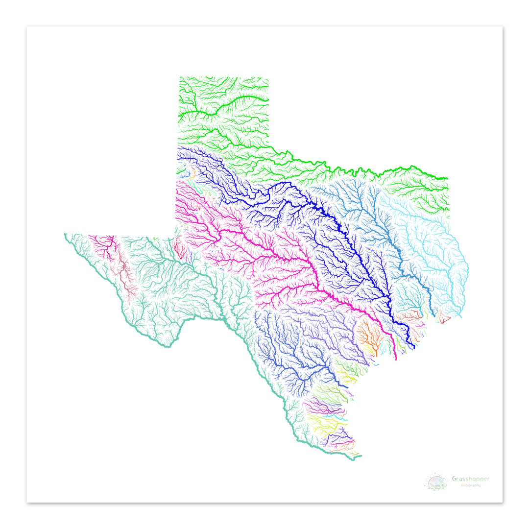 Texas - River basin map, rainbow on white - Fine Art Print