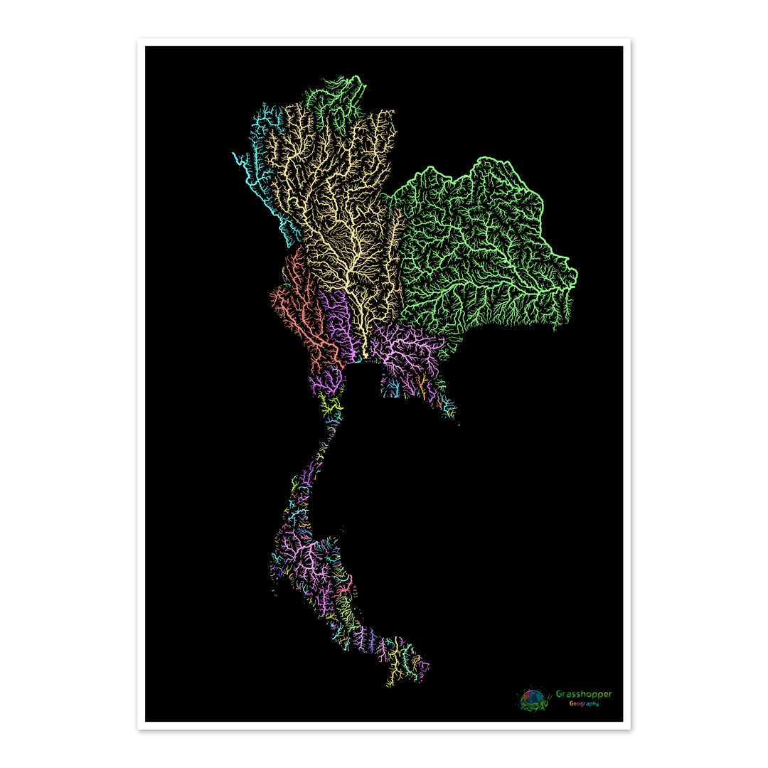 Tailandia - Mapa de la cuenca fluvial, pastel sobre negro - Impresión de Bellas Artes