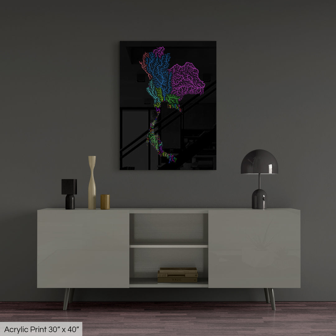 Thailand - River basin map, rainbow colours - Wall Art