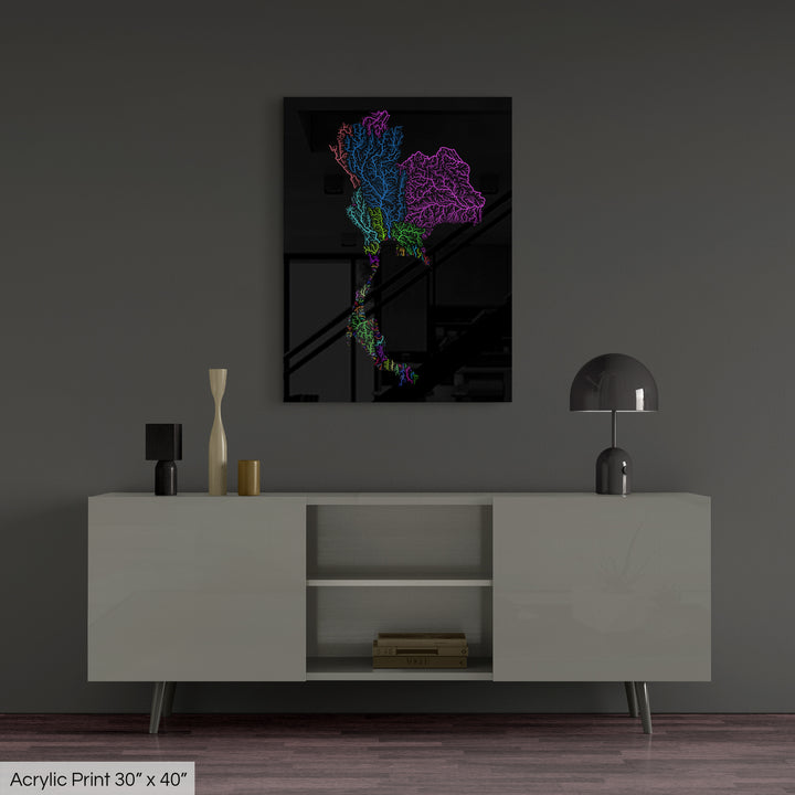 Thailand - River basin map, rainbow colours - Wall Art