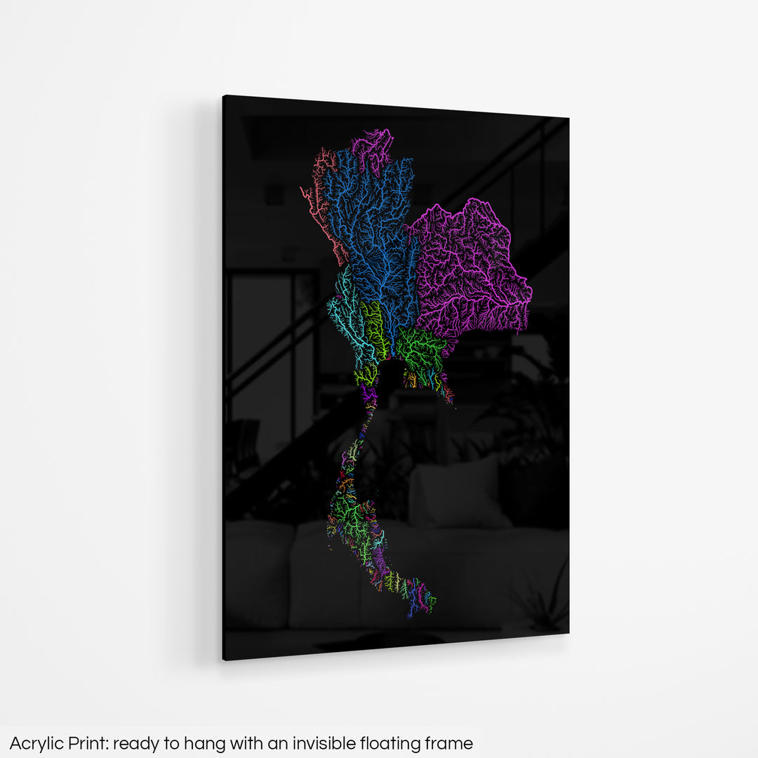 Thailand - River basin map, rainbow colours - Wall Art