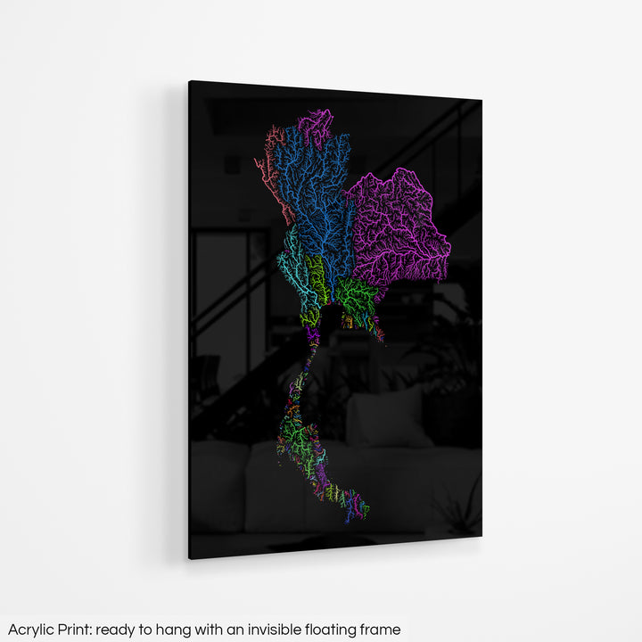 Thailand - River basin map, rainbow colours - Wall Art