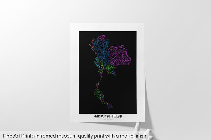 Thailand - River basin map, rainbow colours - Wall Art