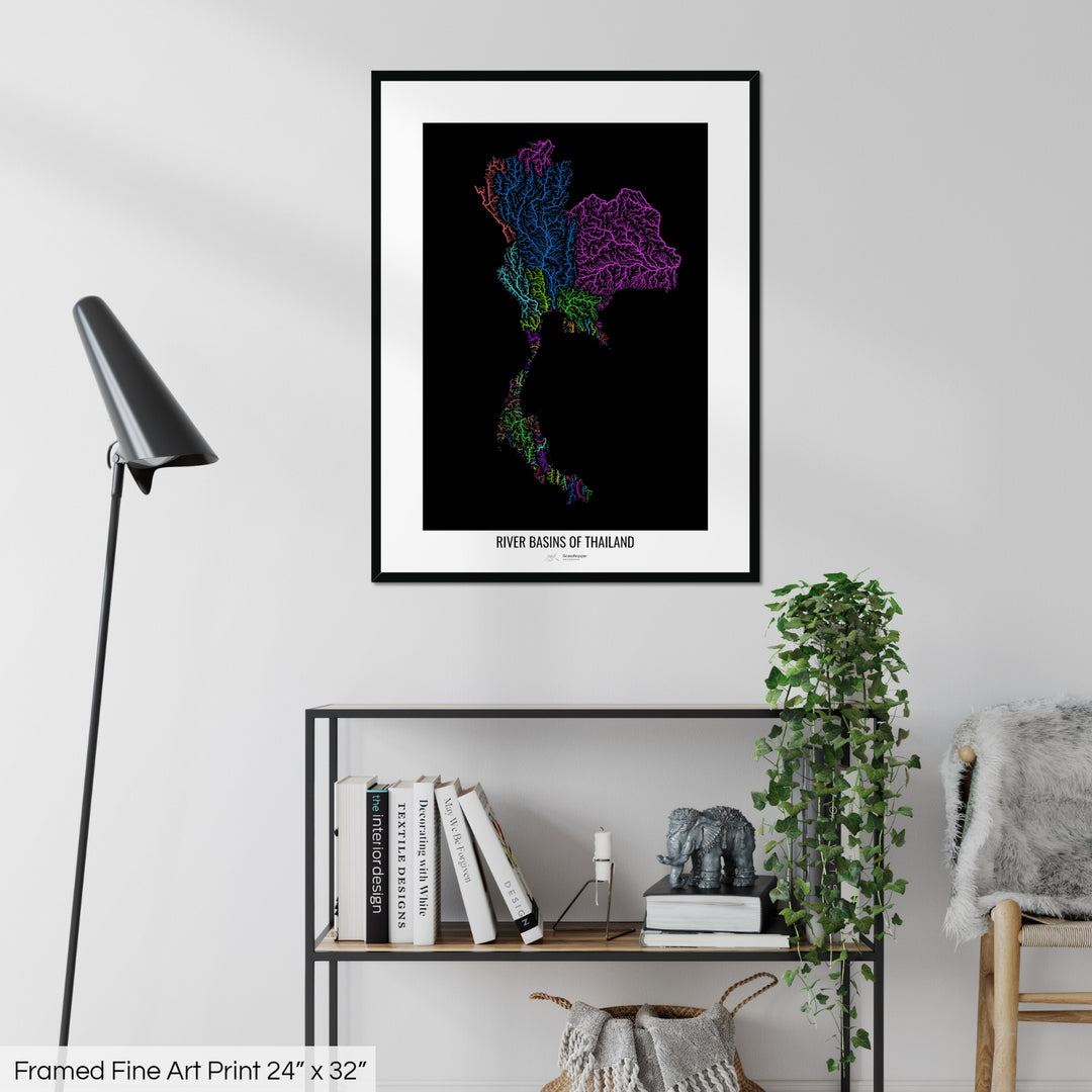 Thailand - River basin map, rainbow colours - Wall Art
