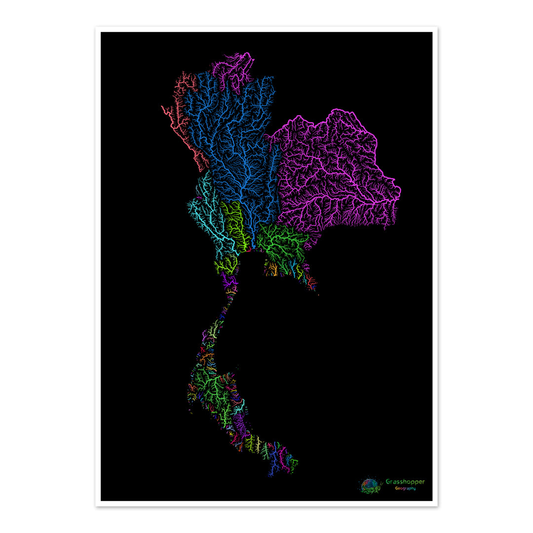 Thailand - River basin map, rainbow on black - Fine Art Print
