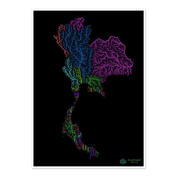 Tailandia - Mapa de la cuenca fluvial, arco iris sobre negro - Impresión de Bellas Artes