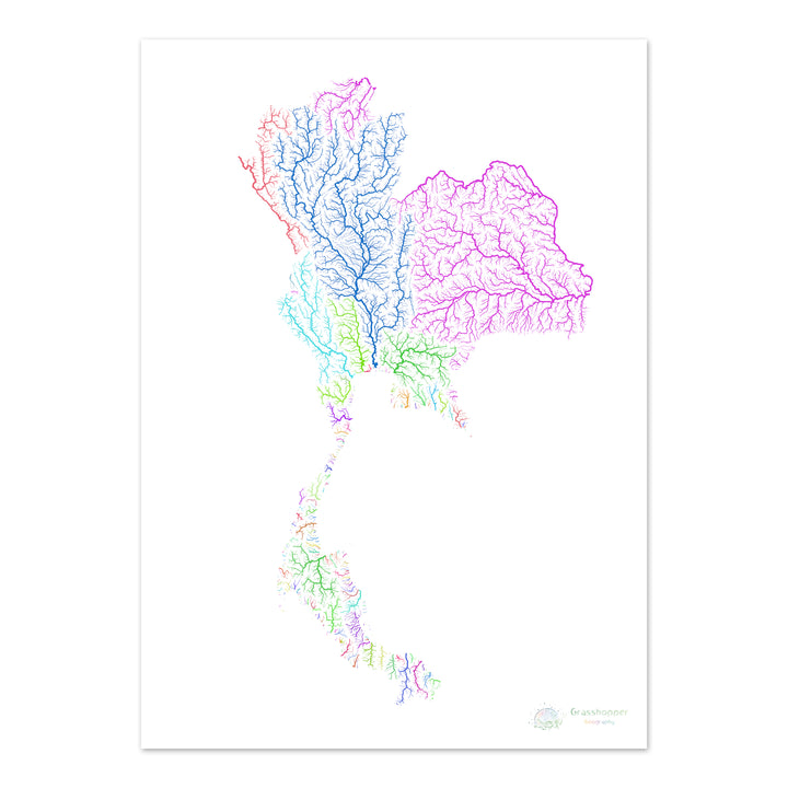 Tailandia - Mapa de la cuenca fluvial, arco iris sobre blanco - Impresión de Bellas Artes