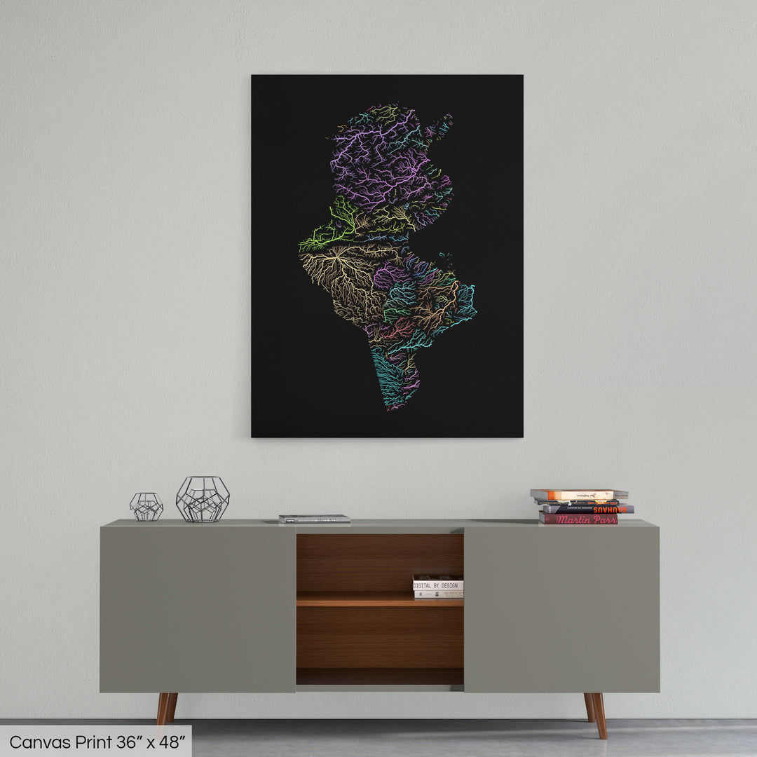 Tunisia - River basin map, pastel colours - Wall Art