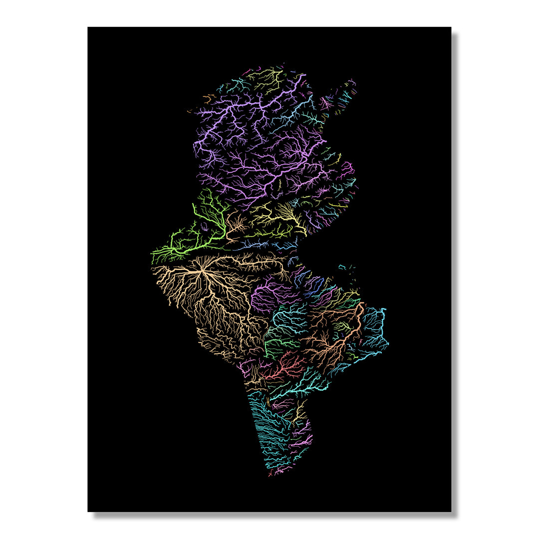 Tunisia - River basin map, pastel colours - Wall Art
