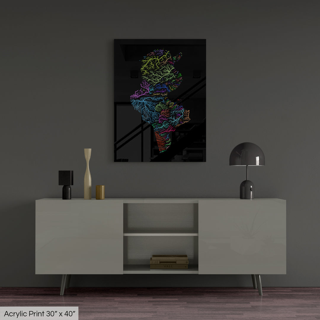 Tunisia - River basin map, rainbow colours - Wall Art