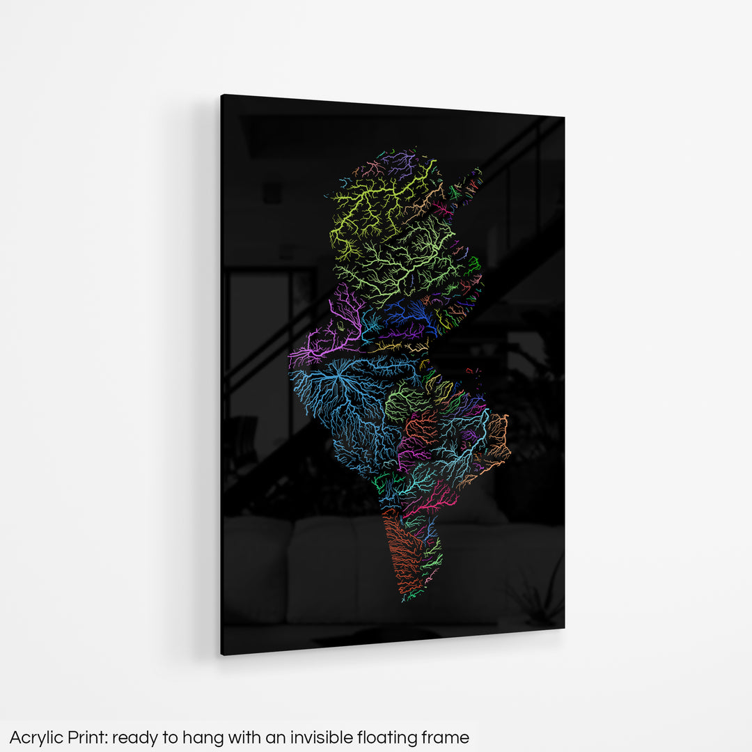 Tunisia - River basin map, rainbow colours - Wall Art