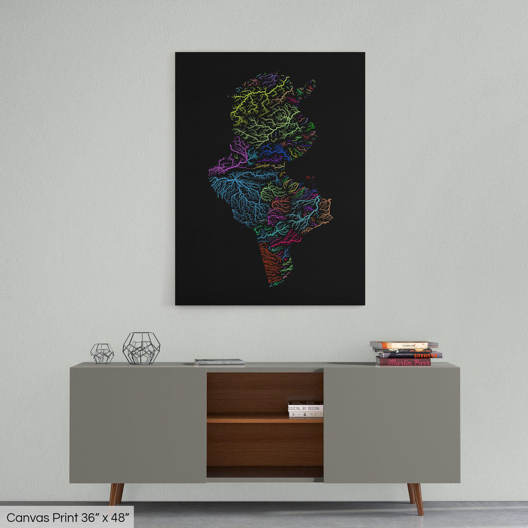 Tunisia - River basin map, rainbow colours - Wall Art
