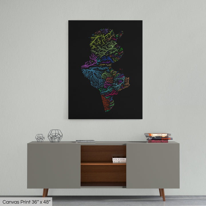 Tunisia - River basin map, rainbow colours - Wall Art