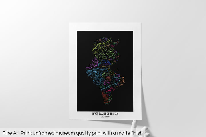 Tunisia - River basin map, rainbow colours - Wall Art