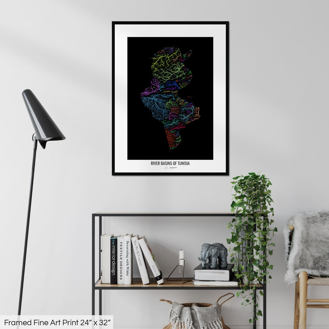 Tunisia - River basin map, rainbow colours - Wall Art