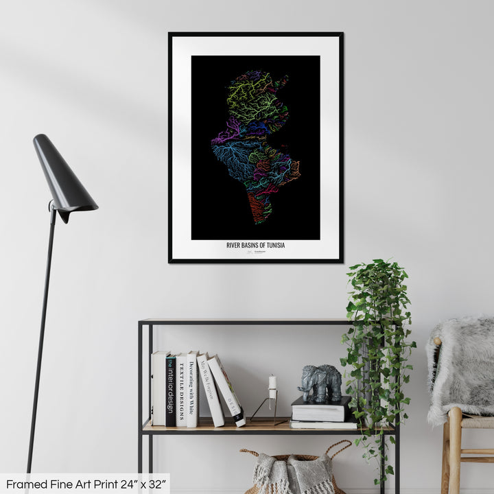 Tunisia - River basin map, rainbow colours - Wall Art