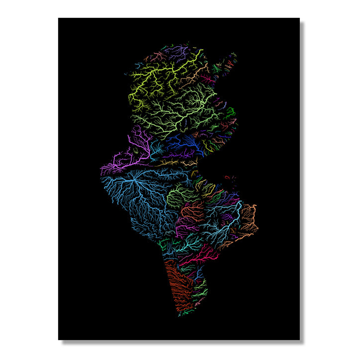 Tunisia - River basin map, rainbow colours - Wall Art