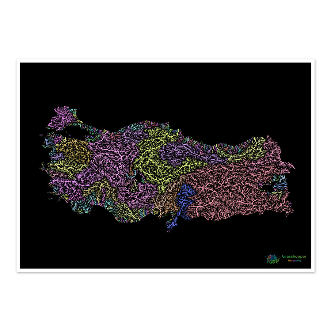 Turquie - Carte des bassins fluviaux, pastel sur noir - Fine Art Print