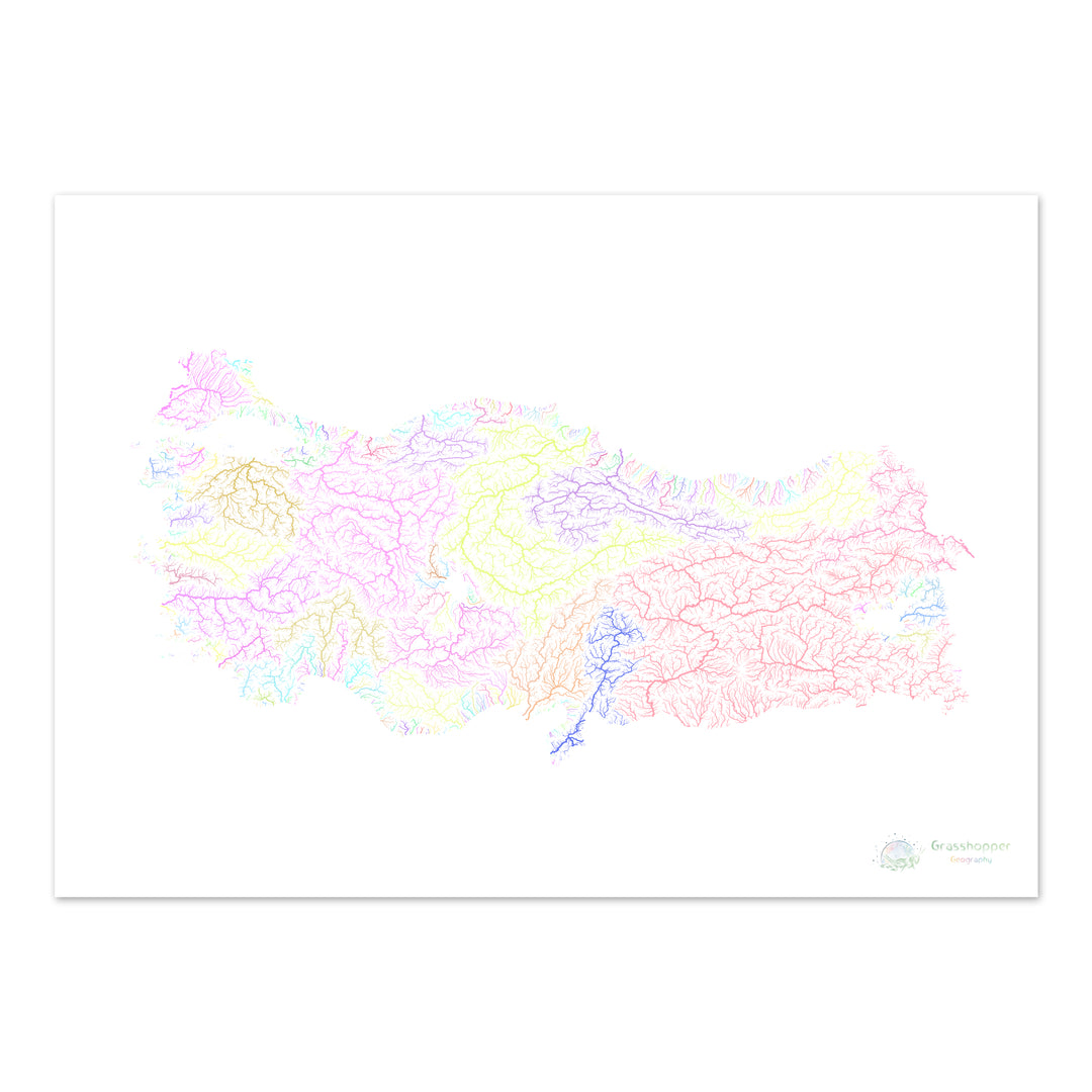 Turquie - Carte des bassins fluviaux, pastel sur blanc - Fine Art Print