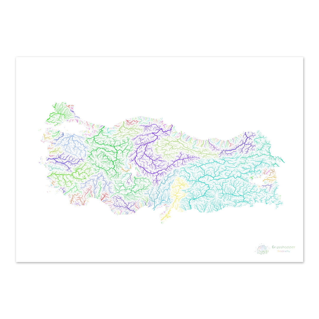 Turquía - Mapa de la cuenca fluvial, arco iris sobre blanco - Impresión de Bellas Artes