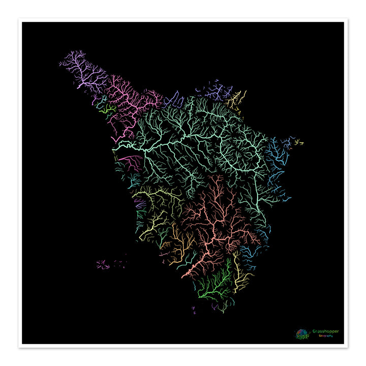 River basin map of Tuscany, pastel colours on black - Fine Art Print