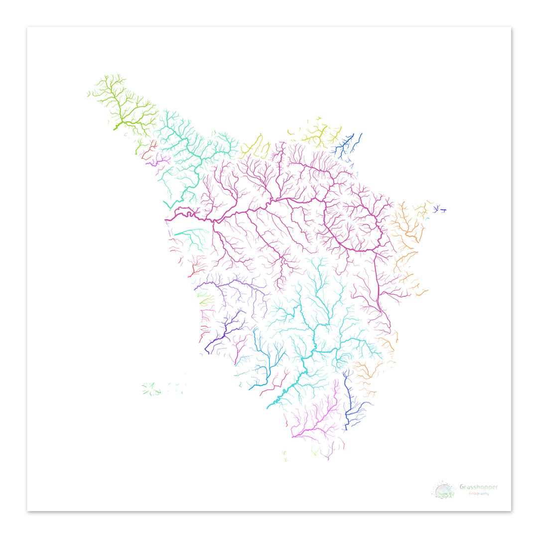 Toscana - Mapa da bacia hidrográfica, arco-íris em branco - - Impressão de belas artes