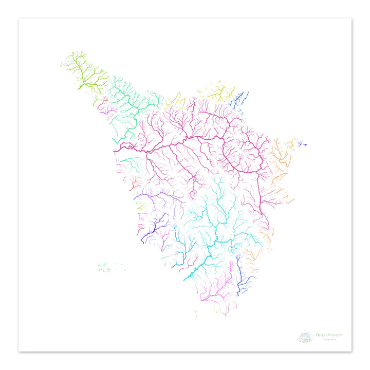 Toscana - Mapa da bacia hidrográfica, arco-íris em branco - - Impressão de belas artes