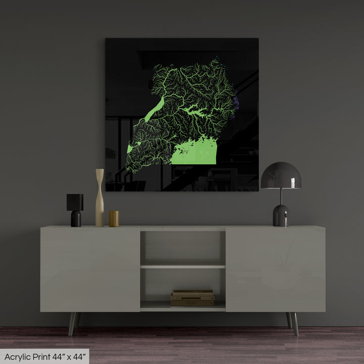 Uganda - River basin map, rainbow colours - Wall Art