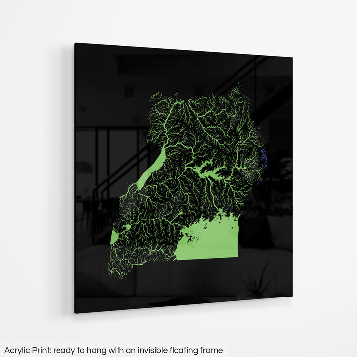 Uganda - River basin map, rainbow colours - Wall Art