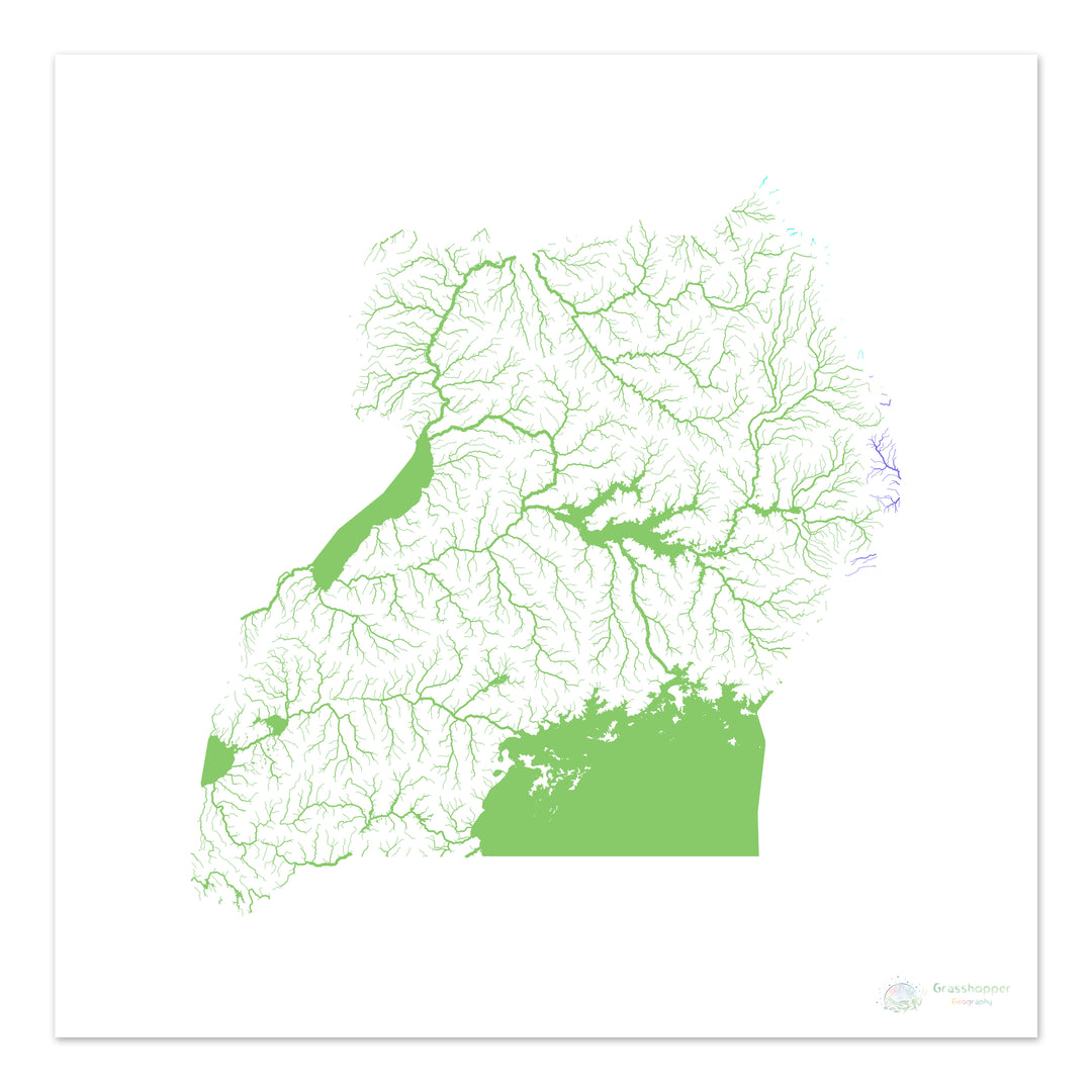 Uganda - River basin map, rainbow on white - Fine Art Print