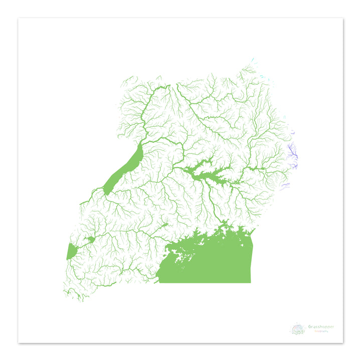 Uganda - Mapa de la cuenca fluvial, arco iris sobre blanco - Impresión de Bellas Artes