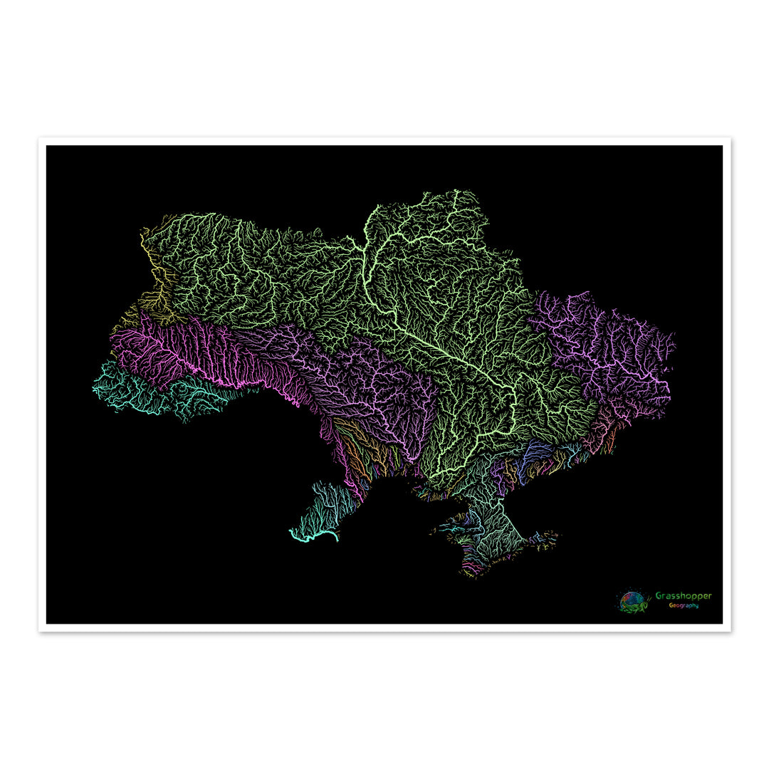 River basin map of Ukraine, pastel colours on black - Fine Art Print