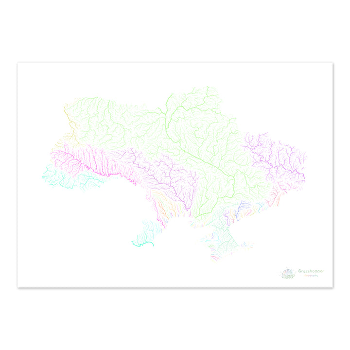 Ukraine - Carte des bassins fluviaux, pastel sur blanc - Fine Art Print