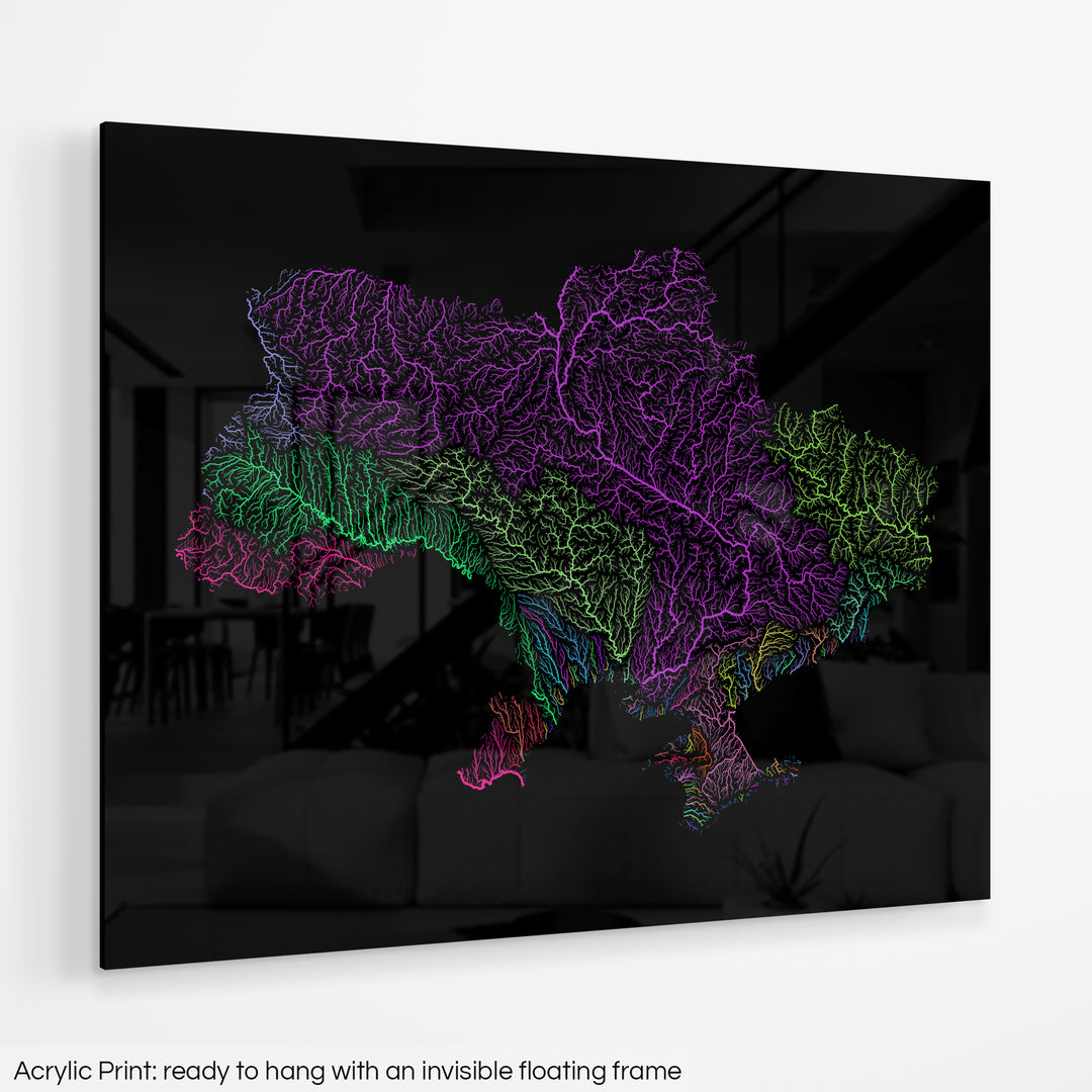 Ukraine - River basin map, rainbow colours - Wall Art
