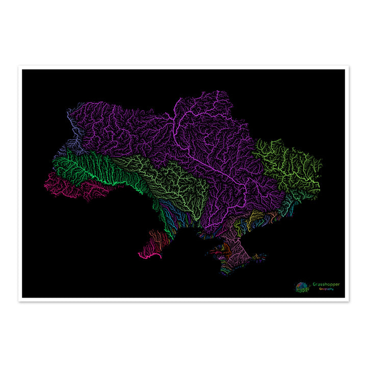 Ucrania - Mapa de la cuenca fluvial, arco iris sobre negro - Impresión de bellas artes