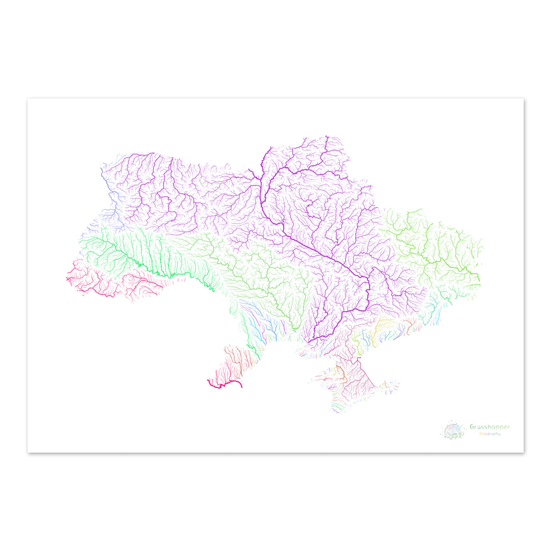 Ukraine - Carte du bassin fluvial, arc-en-ciel sur blanc - Fine Art Print