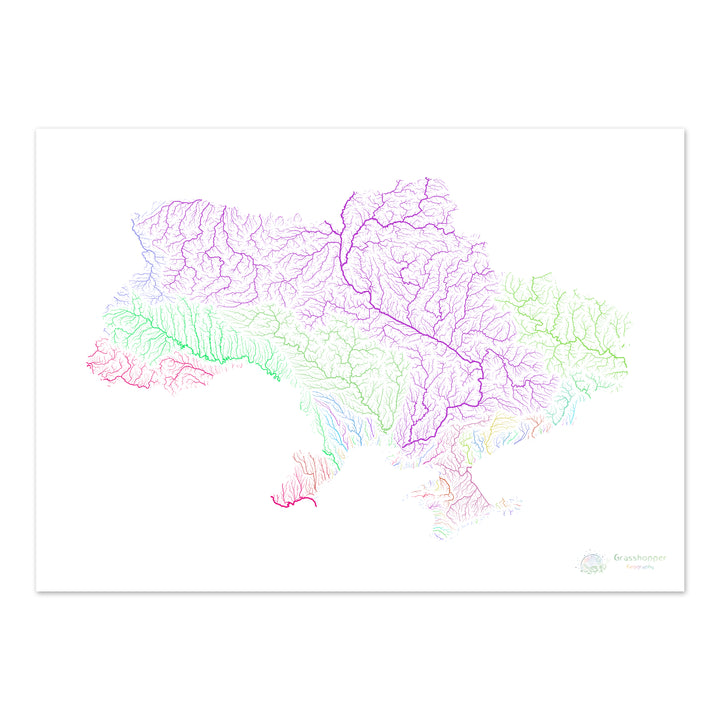 Ucrania - Mapa de la cuenca fluvial, arco iris sobre blanco - Impresión de bellas artes