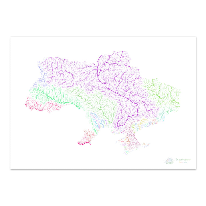 Ukraine - Carte du bassin fluvial, arc-en-ciel sur blanc - Fine Art Print