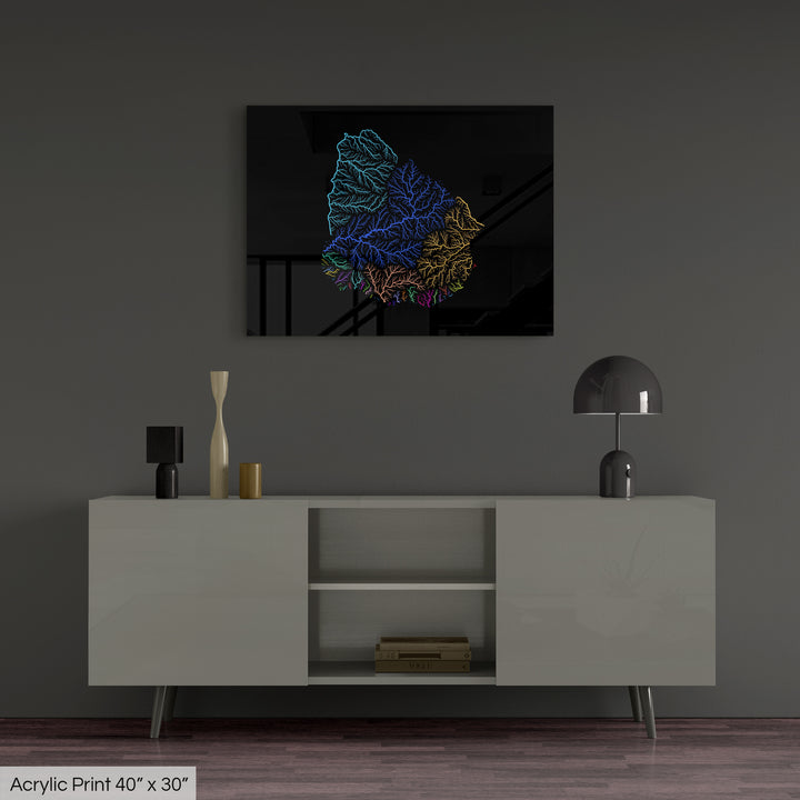 Uruguay - River basin map, rainbow colours - Wall Art
