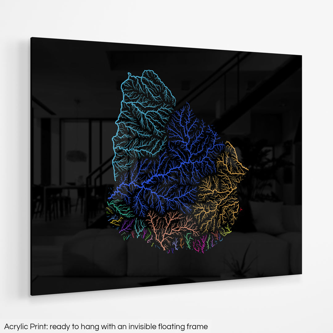 Uruguay - River basin map, rainbow colours - Wall Art