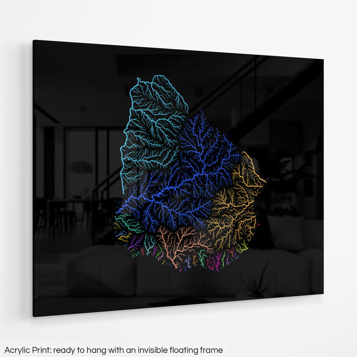 Uruguay - River basin map, rainbow colours - Wall Art