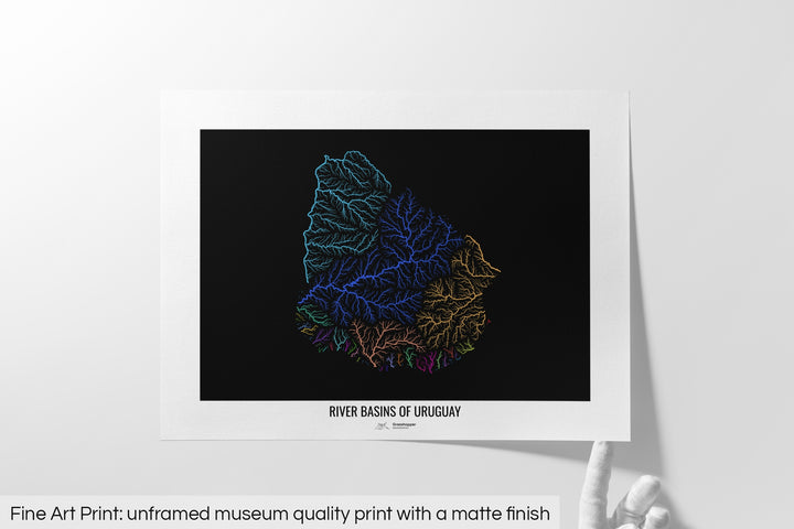Uruguay - River basin map, rainbow colours - Wall Art