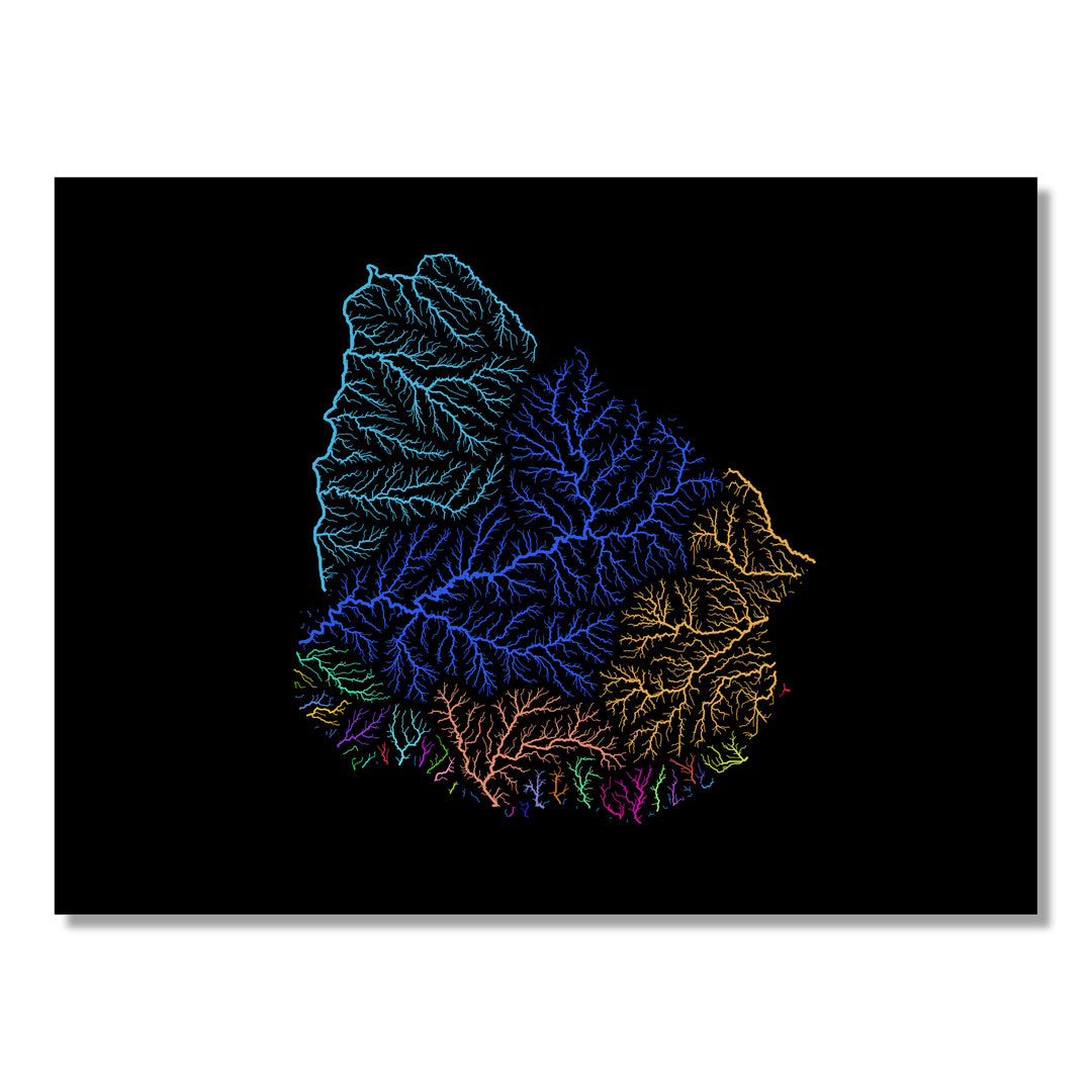 Uruguay - River basin map, rainbow colours - Wall Art