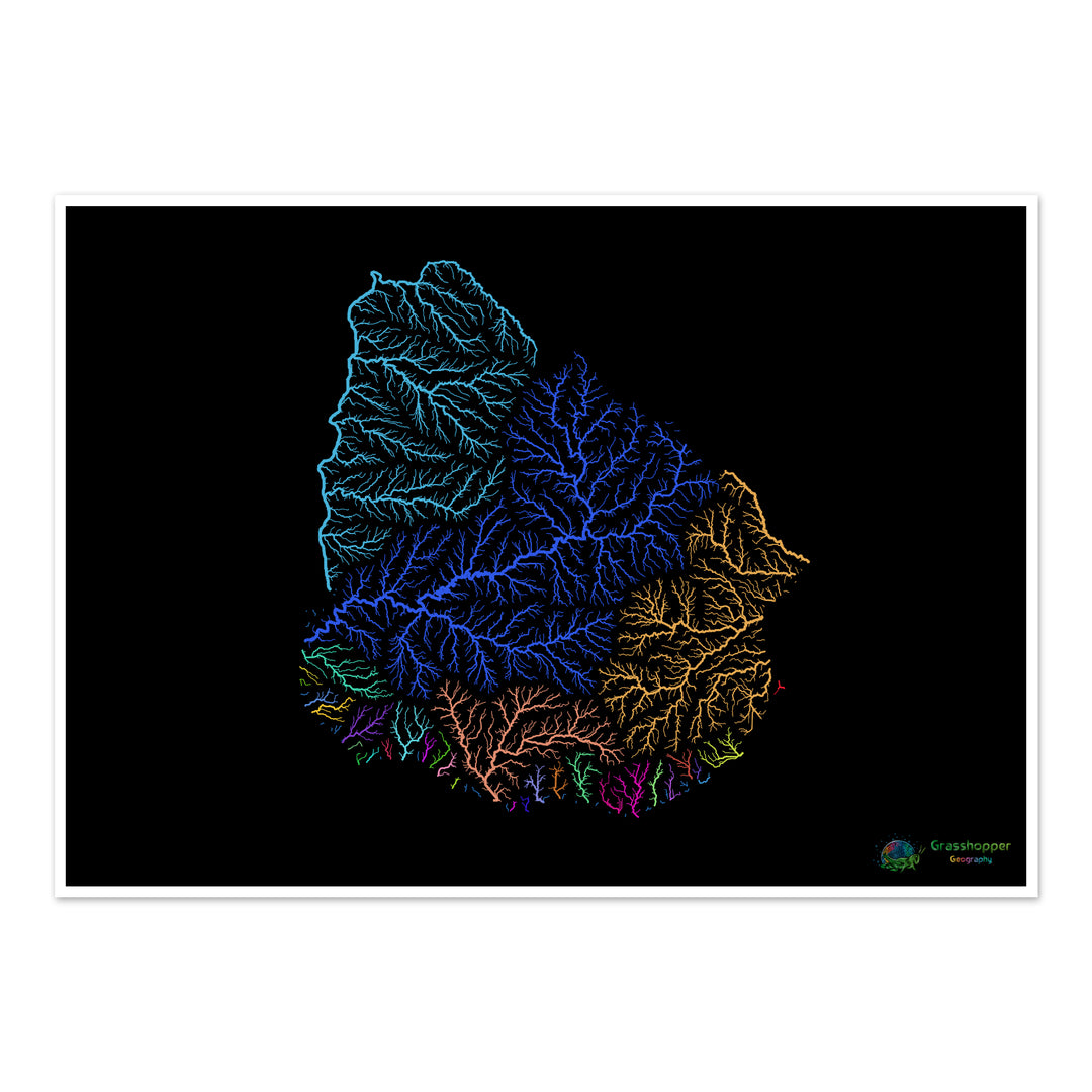 Uruguay - Mapa de cuencas hidrográficas, arcoíris sobre negro - Impresión de Bellas Artes