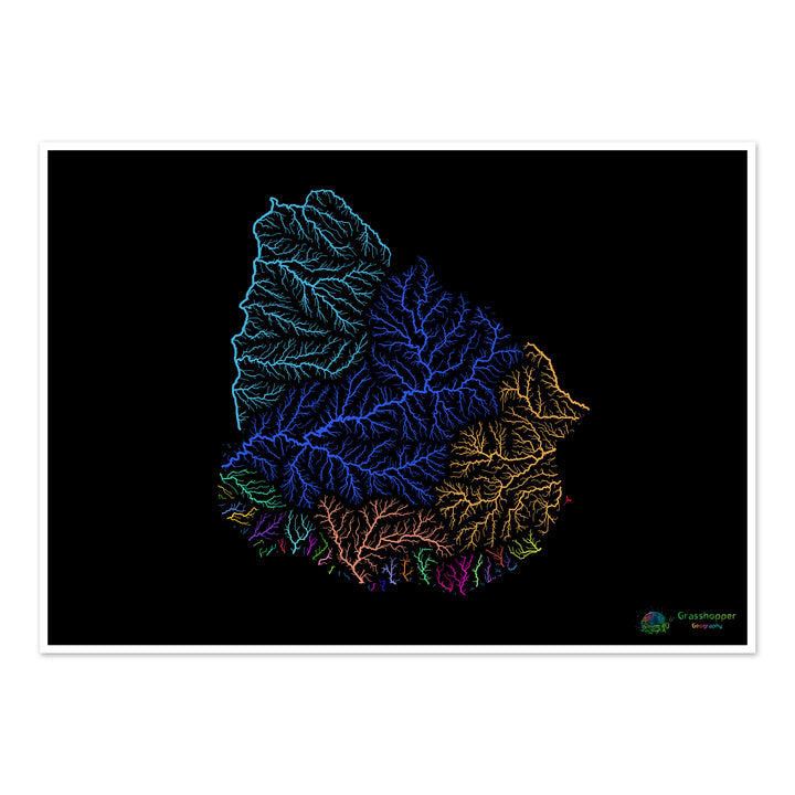 Uruguay - Mapa de cuencas hidrográficas, arcoíris sobre negro - Impresión de Bellas Artes