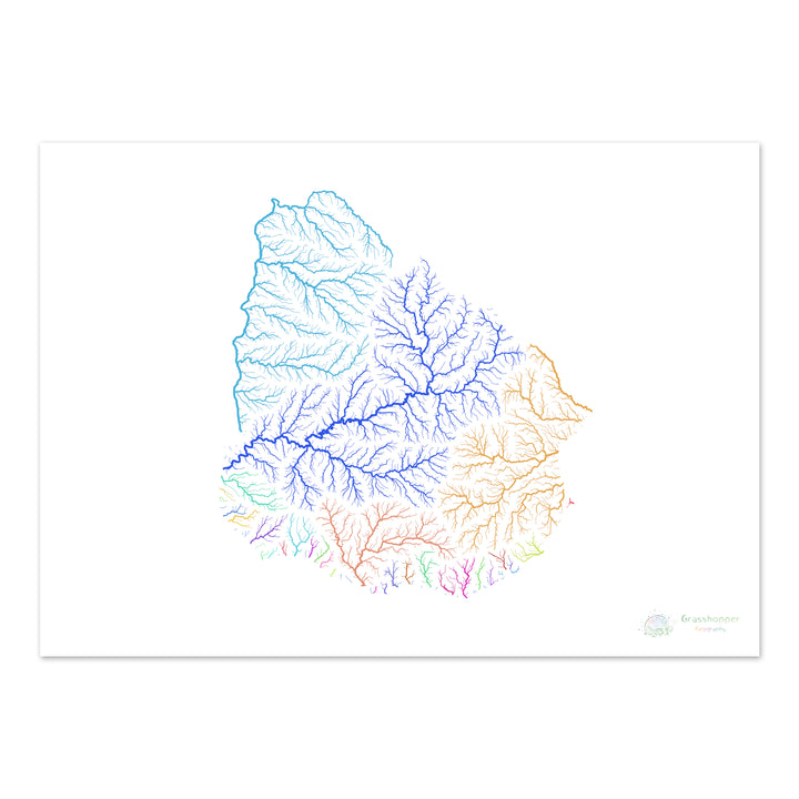 Uruguay - Mapa de cuencas fluviales, arcoíris sobre blanco - Impresión de Bellas Artes