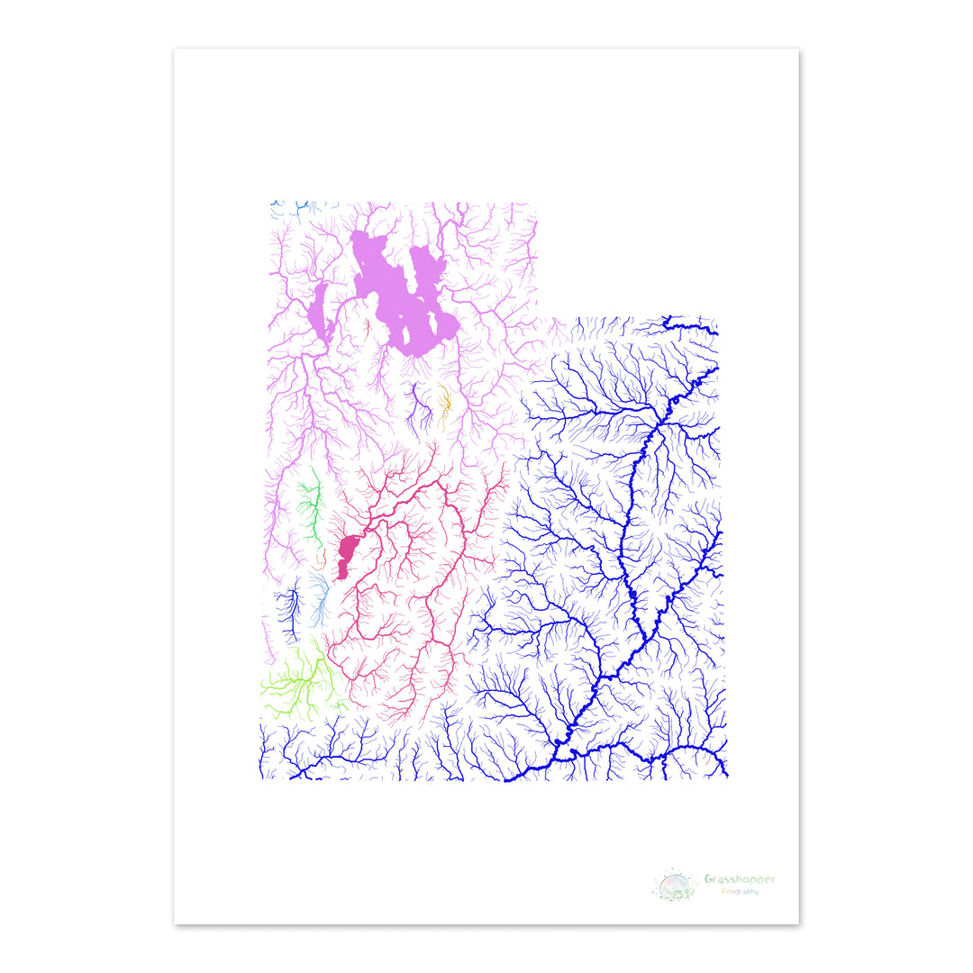 Utah - River basin map, rainbow on white - - Fine Art Print