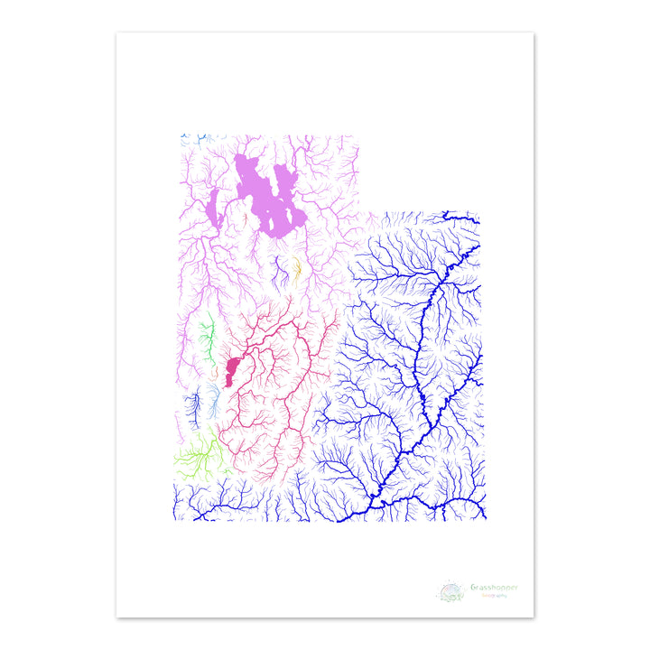 Utah - Carte du bassin fluvial, arc-en-ciel sur blanc - - Fine Art Print