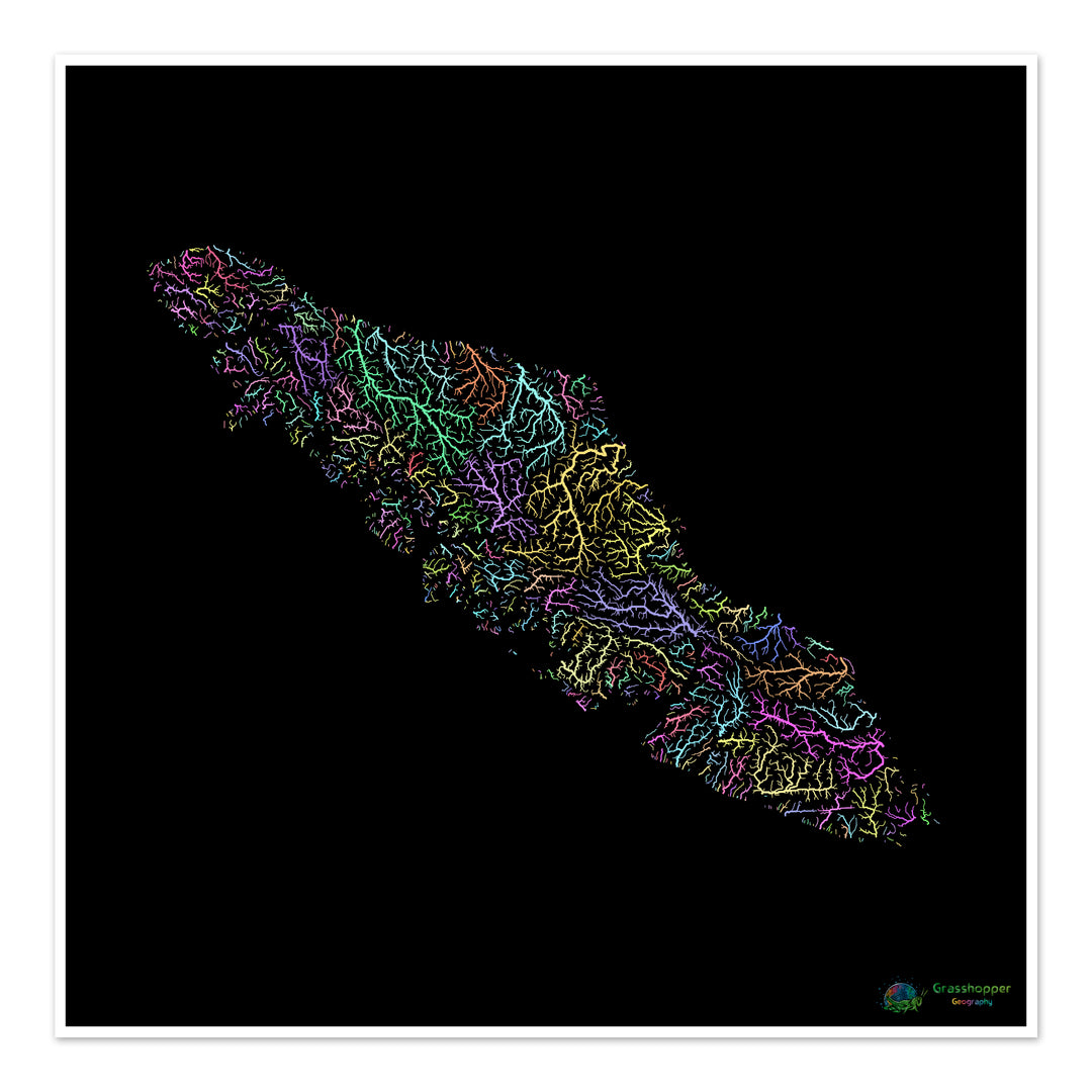 River basin map of Vancouver Island, pastel colours on black - Fine Art Print